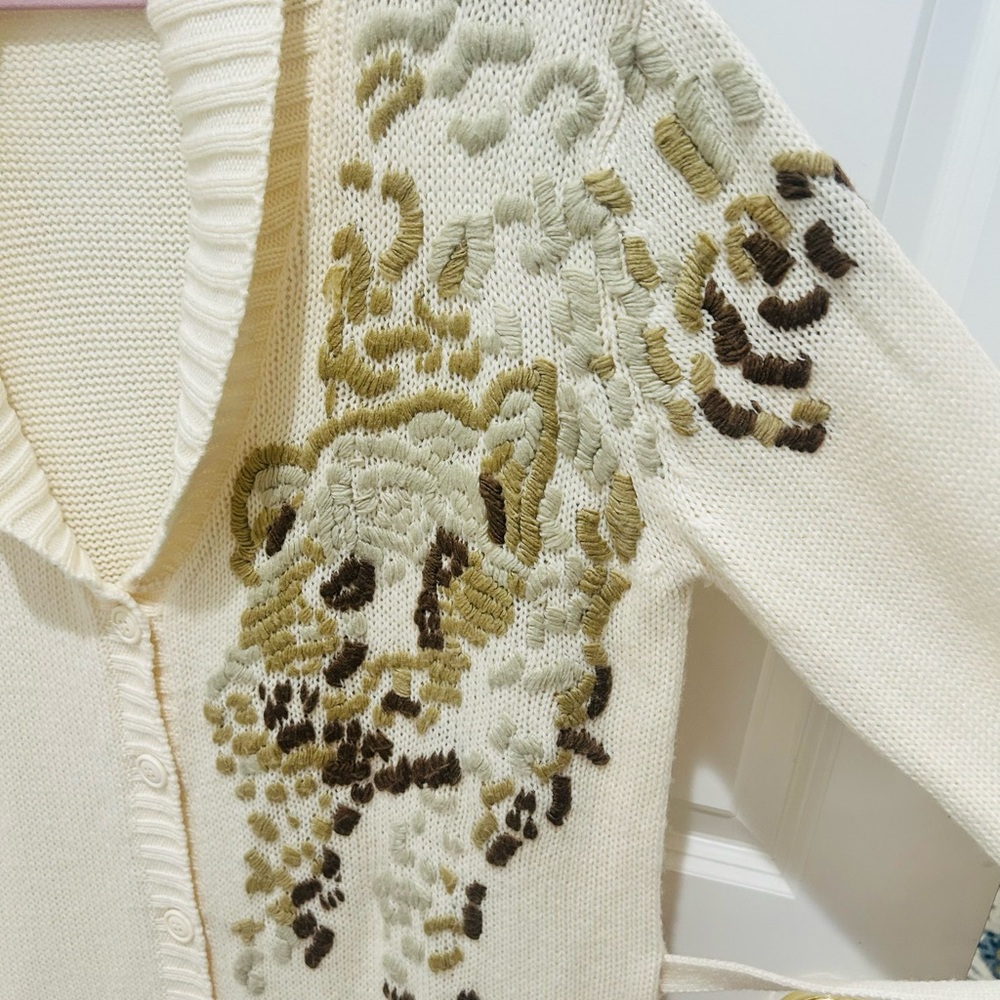 Vintage 90s Together Ivory Chunky Wool Bear Embroidered Cardigan Shawl Collar L - Picture 4 of 14
